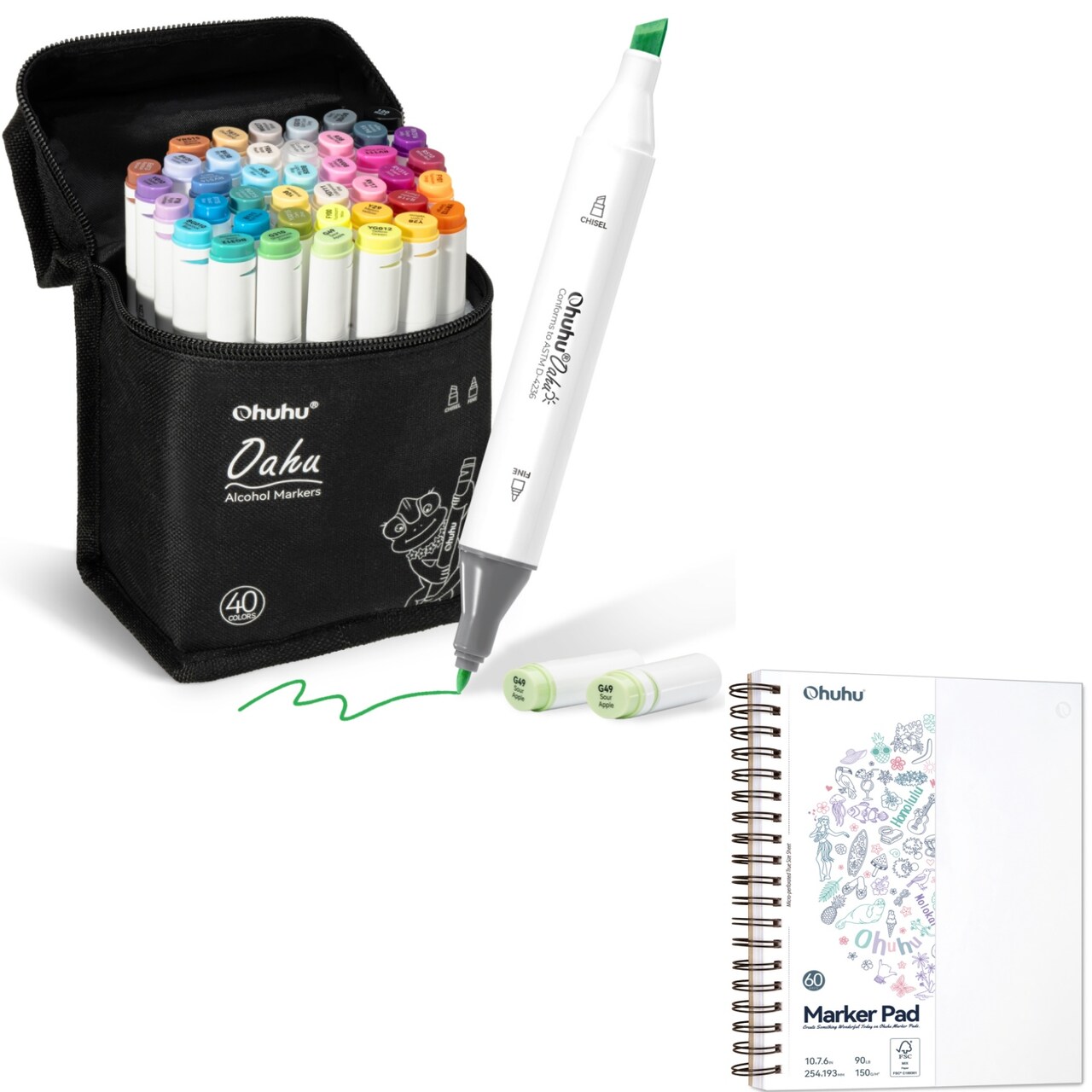 Ohuhu Oahu 40 Colors Alcohol Markers + 7.6" x 10" Double-Sided Bleedproof Marker Pad